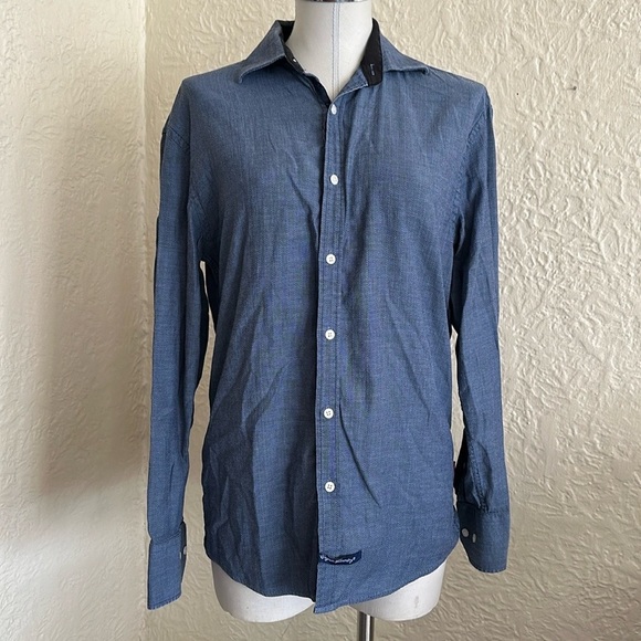 English Laundry Blue Herringbone Button Front Shirt Medium 15 15.5 x 34-35 - Picture 1 of 11
